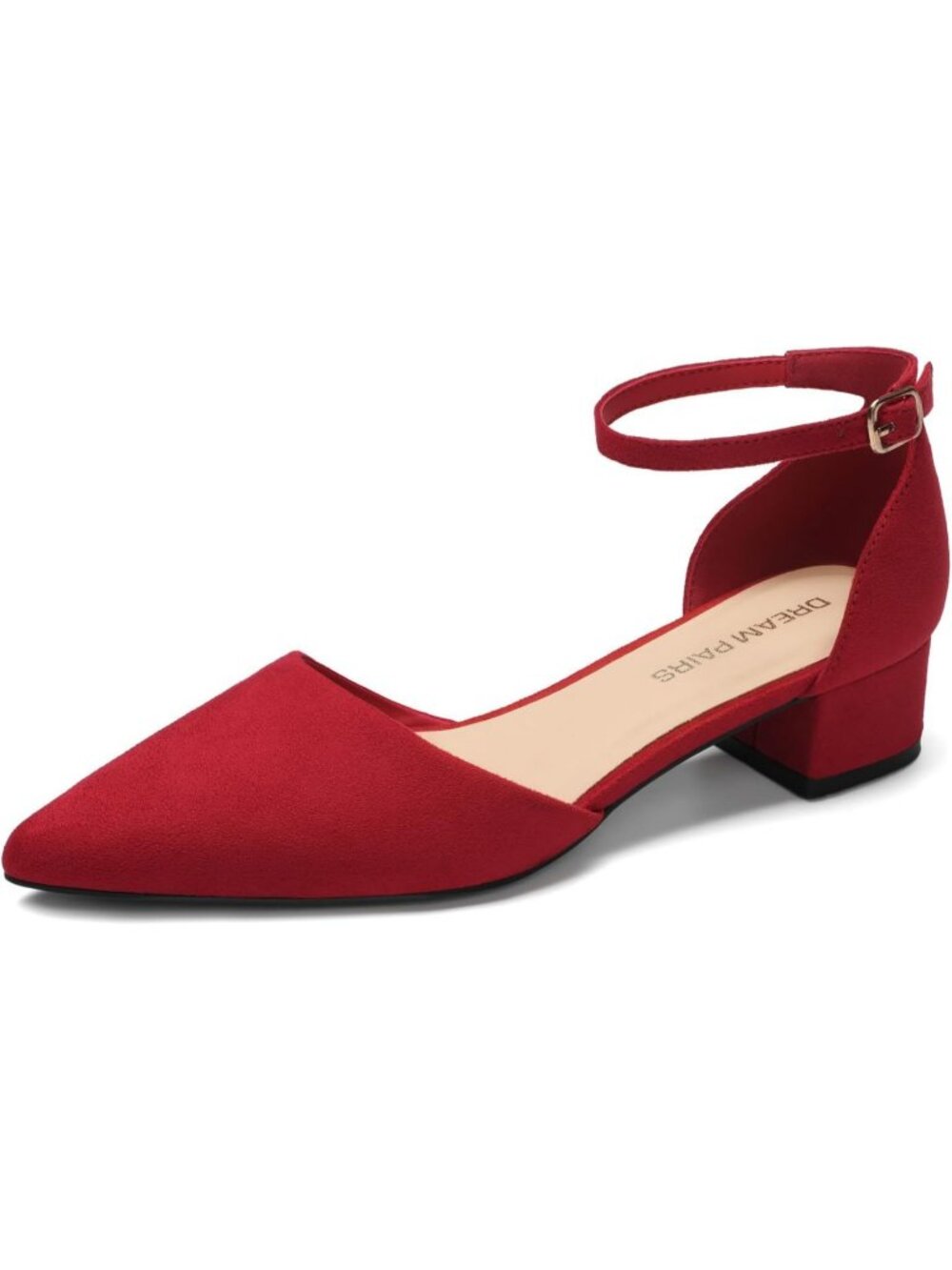 Dream Pairs Women's Red Pointed Toe Pumps Low Heel Ankle Strap Dress Shoes